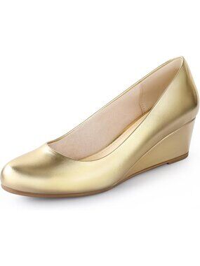 〽️Women's Gold Nude 2 Inch Low Heel Wedge Comfortable Closed Toe Shoes